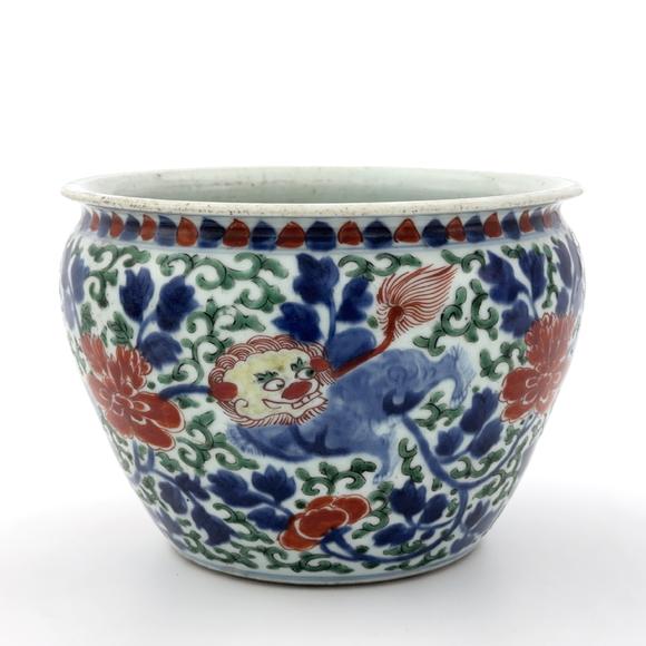 古龍會清初 五彩 獅子図 缸