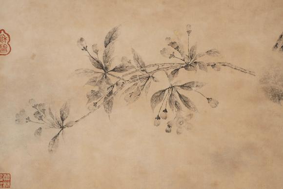 Horizontal Enchère Song-Yuan Ink Scroll of Birds & Blossoms