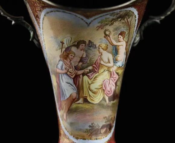 Horizontal Enchère Imperial Viennese Silver & Miniature Painted Enamel Tall Twin-Handled Goblet