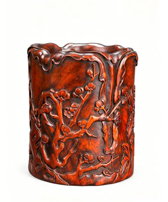 Horizontal Enchère Huanghuali Plum Blossom Carved Brush Pot