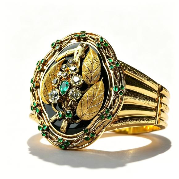 Horizontal Enchère French Napoleon III Gold Onyx Emerald & Diamond Wide Hinged Bracelet