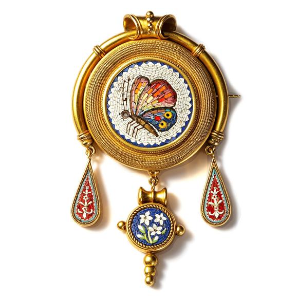 Horizontal Enchère Victorian Italian Gold Micro Mosaic Convertible Brooch Pendant