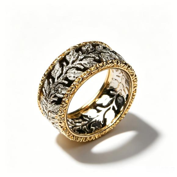 Horizontal Enchère Mario Buccellati Bi-Metal Lace Leaf Wide Band Ring
