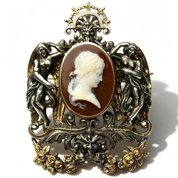 Horizontal Enchère Signed French Art Nouveau Bi-Metal Agate Cameo Brooch