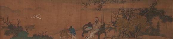Horizontal Enchère Antique Silk Scroll of Scholar Admiring Bird in Mountain Retreat