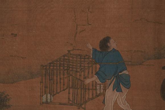 Horizontal Enchère Antique Silk Scroll of Scholar Admiring Bird in Mountain Retreat