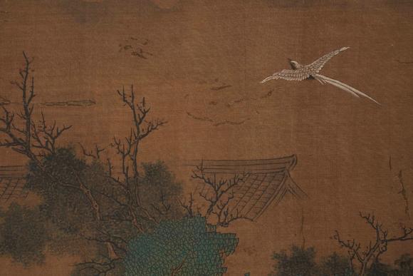 Horizontal Enchère Antique Silk Scroll of Scholar Admiring Bird in Mountain Retreat