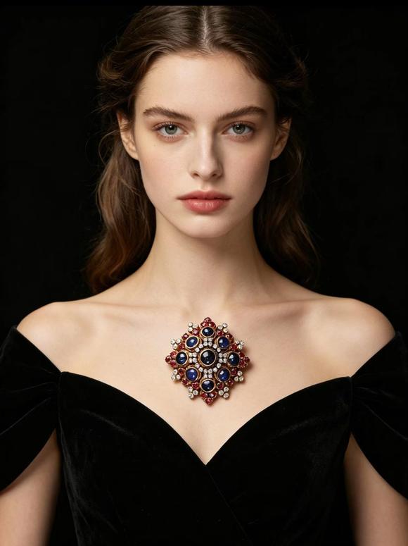 Horizontal Enchère Signed Ilias Lalaounis Byzantine 18K Gold Multi-Gem Star Brooch