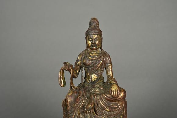 三杉美術(shù)銅泥金跏趺自在觀音菩薩造像（原配蓮座木臺(tái)）