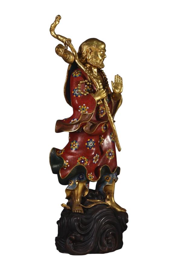 蘭亭古美術オークション清 銅景泰藍掐絲琺瑯達摩一葦渡江造像