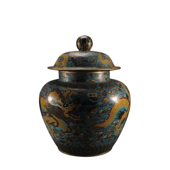 蘭亭古美術(shù)オークション清 銅景泰藍(lán)掐絲琺瑯云龍紋蓋罐 一對
