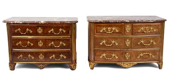 Duke's Auctions Lot 310 A NEAR PAIR OF REGENCE KINGWOOD, ORMOLU MOUNTED AND MARBLE-TOPPED BOWFRONT COMMODES