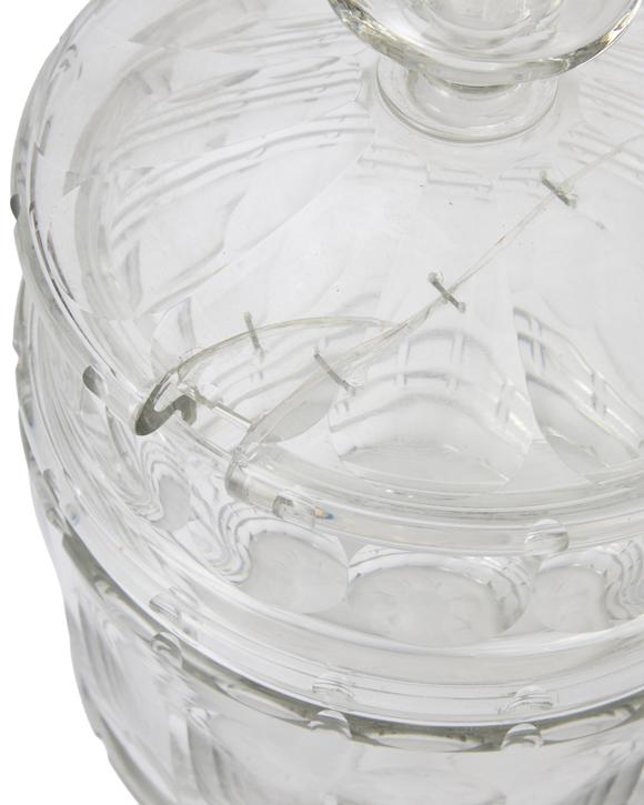 Duke's Auctions Lot 58 A VICTORIAN CUT GLASS BARREL-FORM BISCUIT JAR AND COVER
