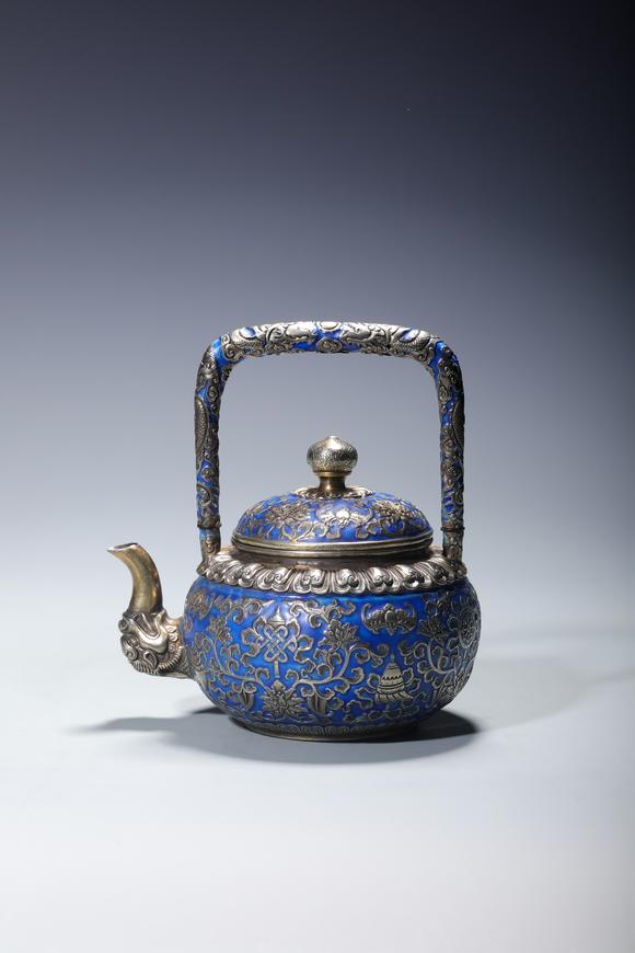 SEAVIEW AUCTIONS PTY LTDA Silver Enameled Wine Pot with Auspicious Buddhist Symbols and Dragon-Form Handle, China, 18th centuries