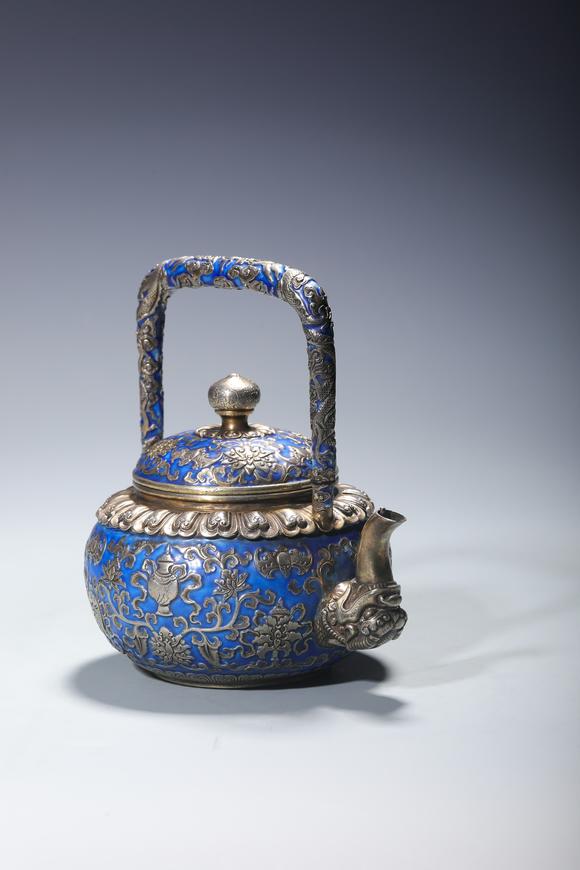 SEAVIEW AUCTIONS PTY LTDA Silver Enameled Wine Pot with Auspicious Buddhist Symbols and Dragon-Form Handle, China, 18th centuries