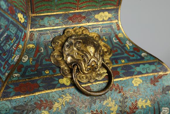 SEAVIEW AUCTIONS PTY LTDA Cloisonne Enamel Square Vase with Twin Elephant Handles and Dragon Motifs, China, 18th CE
