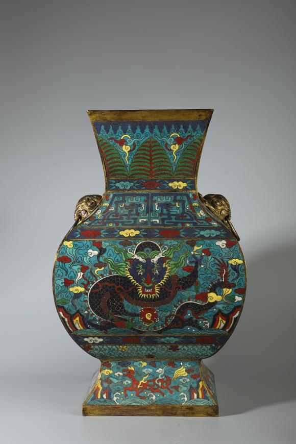 SEAVIEW AUCTIONS PTY LTDA Cloisonne Enamel Square Vase with Twin Elephant Handles and Dragon Motifs, China, 18th CE