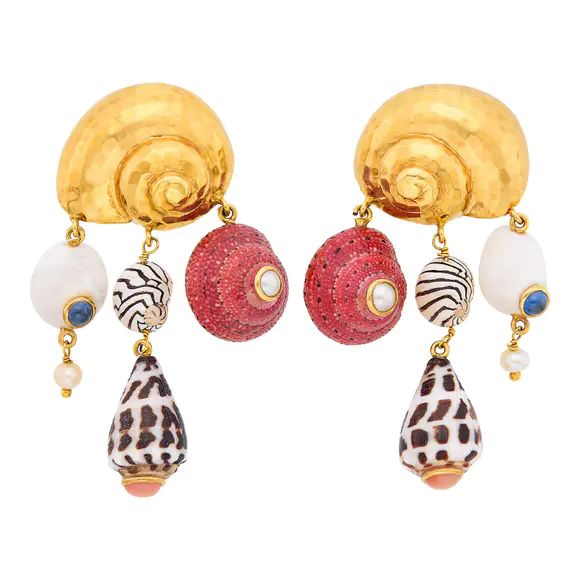 DOYLE Auctioneers & AppraisersMaz Pair of Hammered Gold, Shell, Cabochon Sapphire, Angel Skin Coral and Cultured and Split Pearl