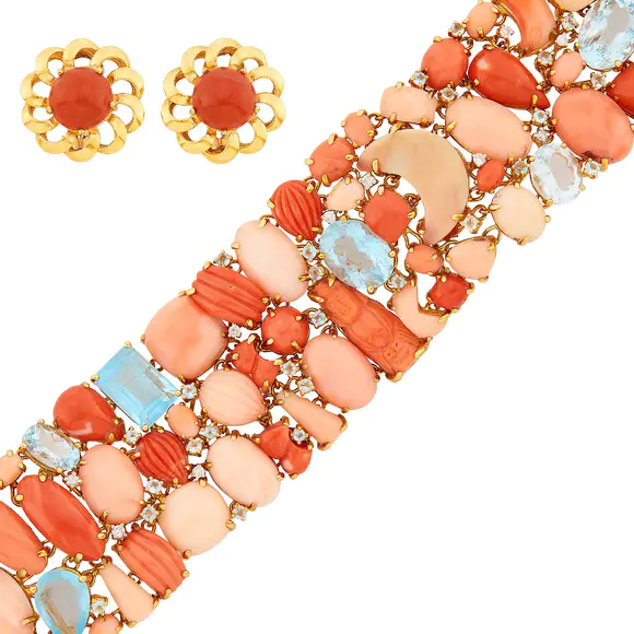 DOYLE Auctioneers & AppraisersWide Gold, Coral, Aquamarine and Diamond Bracelet and Pair of Gold and Coral Earclips