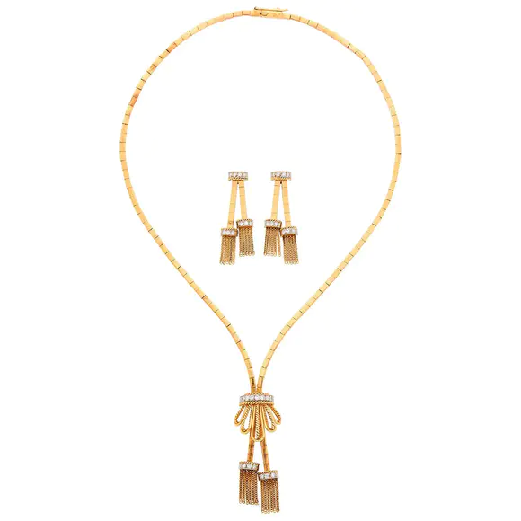 DOYLE Auctioneers & AppraisersTwo-Color Gold and Diamomd Tassel Necklace and Pair of Earrings