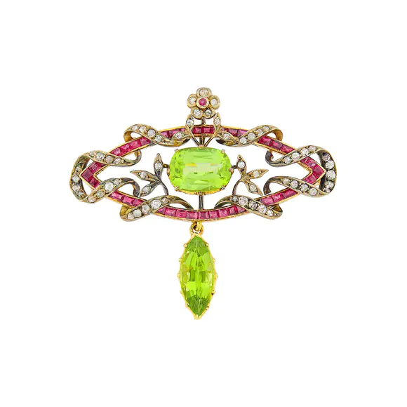 DOYLE Auctioneers & AppraisersAntique Silver, Gold, Peridot, Ruby and Diamond Brooch