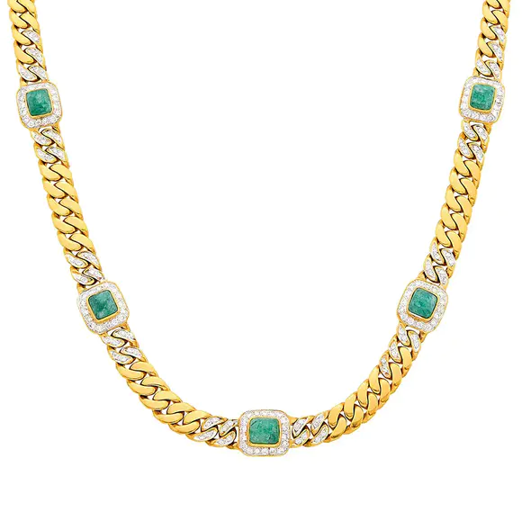 DOYLE Auctioneers & AppraisersTwo-Color Gold, Cabochon Emerald and Diamond Curb Link Chain Necklace