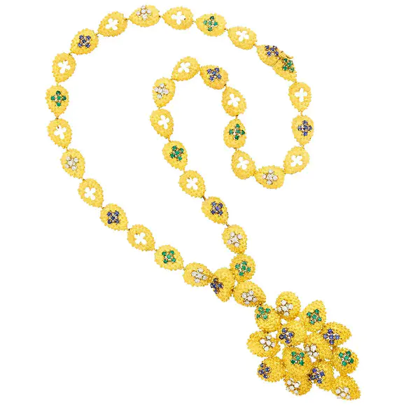 DOYLE Auctioneers & AppraisersLong Gold, Diamond, Emerald, Sapphire Pendant-Brooch Necklace