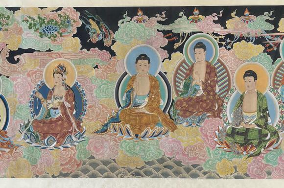 東京蕓術(shù)張大千 五佛十菩薩聖像圖長(zhǎng)卷 絹畫(huà)