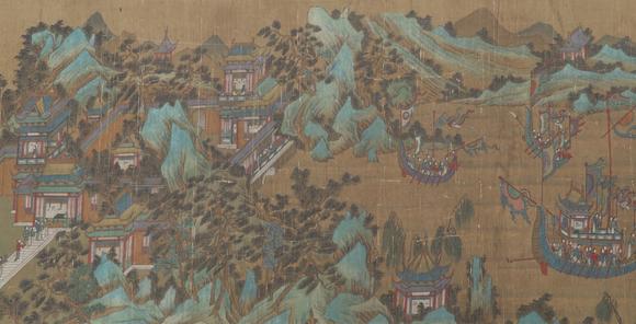 東京蕓術(shù)展子虔 隋代 瓊樓春游圖卷 手卷絹本設(shè)色