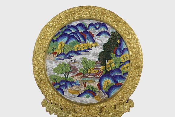 東京蕓術(shù)清 銅胎景泰藍(lán)掐絲琺瑯云蝠紋山水圓座屏