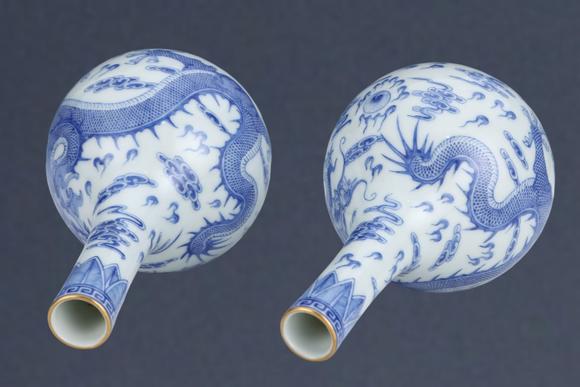 東京蕓術(shù)清乾隆 青花五龍紋膽式天球瓶一對
