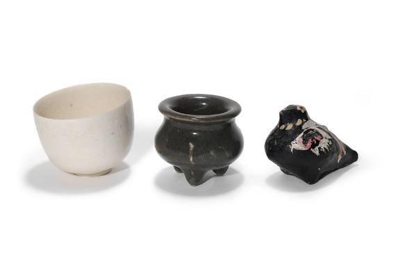 Castle AuctionA Group of Three Ceramics: White Glaze Cup, Dark Glaze Tripod Censer, Painted Pottery Bird, 10th–13th C Pr.