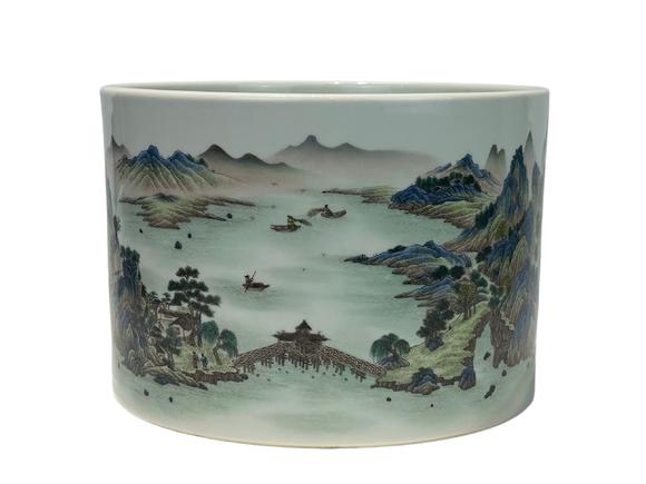 Castle AuctionA Chinese Famille Rose brush pot with landscape figure decoration, Qian Long Pr. 