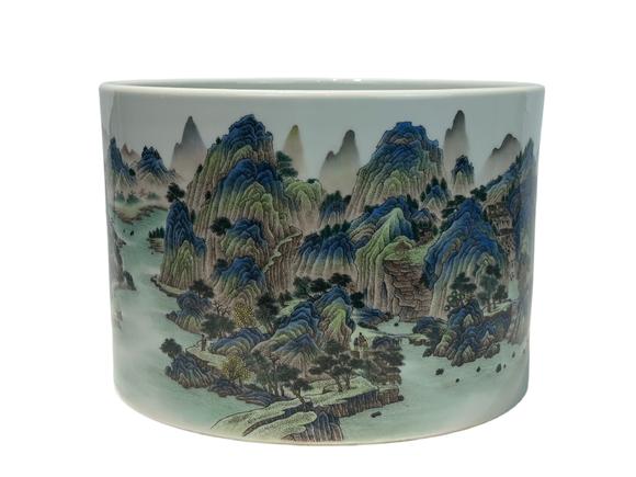 Castle AuctionA Chinese Famille Rose brush pot with landscape figure decoration, Qian Long Pr. 