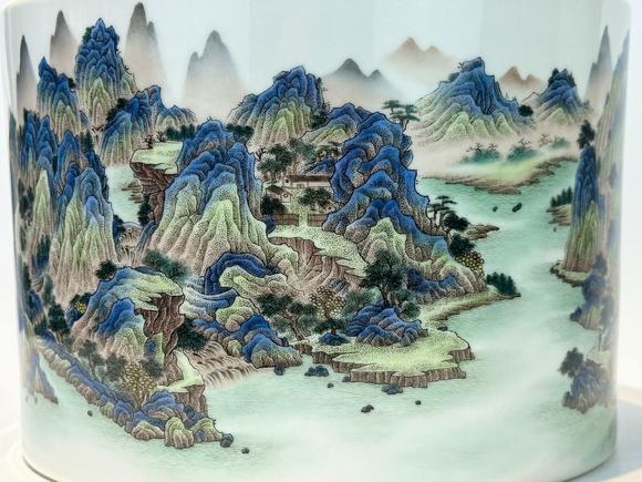 Castle AuctionA Chinese Famille Rose brush pot with landscape figure decoration, Qian Long Pr. 