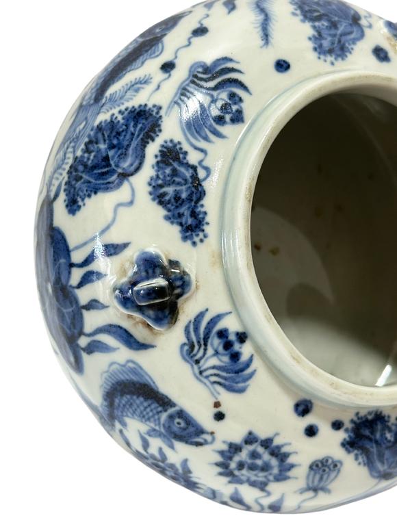 Castle AuctionA Chinese rare shape Blue and white jar with fish and algae patterns, Ming Dynasty Pr.  