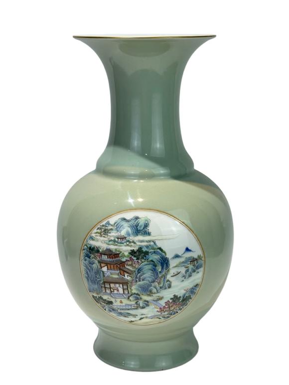 Castle AuctionA Chinese powder-blue glazed vase with landscape scene decoration, Qing Dynasty Pr. 