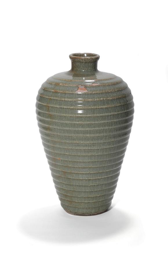 Castle AuctionA Longquan Celadon Ribbed Meiping Vase, 13th–14th C Pr.