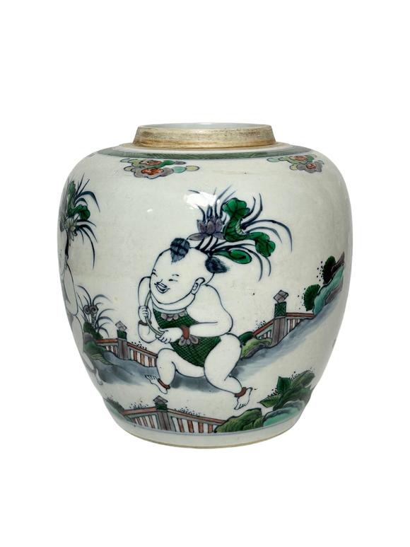 Castle AuctionBlue and white and colorful infant players pattern jar, Ming Dynasty Pr. 