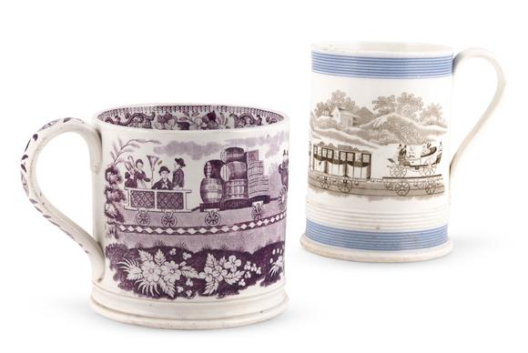 DreweattsA VICTORIAN TRANSFER PRINTED POTTERY MUG- THE 'ENTRANCE TO THE LIVERPOOL MANCHESTER RAILWAY'
