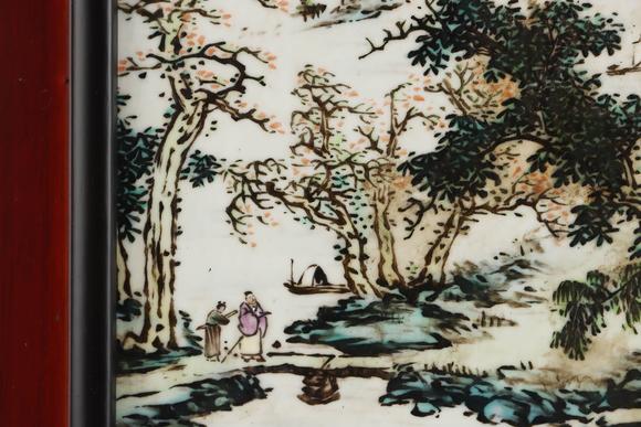 Cascade'sPastel green landscape porcelain painting in the Republic of China | 民國 粉彩青綠山水瓷板畫