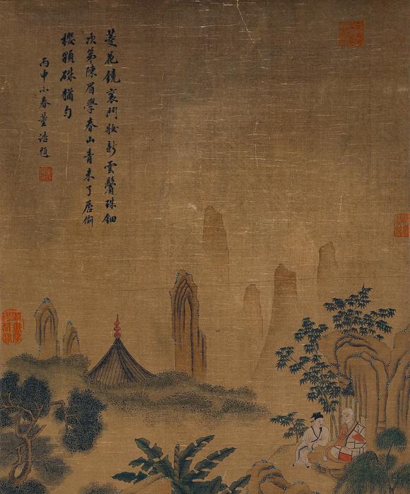 Cascade'sDong Hao silk courtyard elegant collection vertical axis | 董浩絹本庭院雅集圖立軸