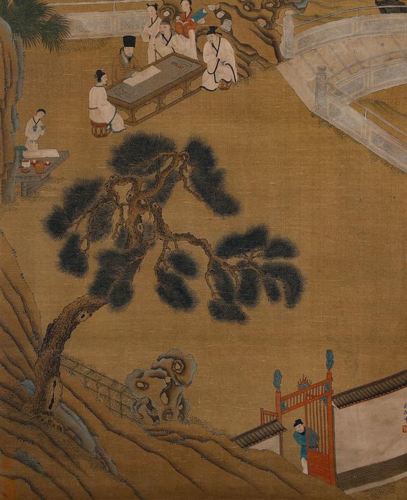 Cascade'sDong Hao silk courtyard elegant collection vertical axis | 董浩絹本庭院雅集圖立軸