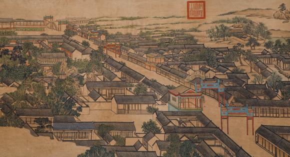 Cascade'sLong scroll of comb-like drawings of Qionglou in Lang Shining Ignatius Sichelbart. | 郎世寧艾啟蒙合繪絹本瓊樓櫛列圖長卷