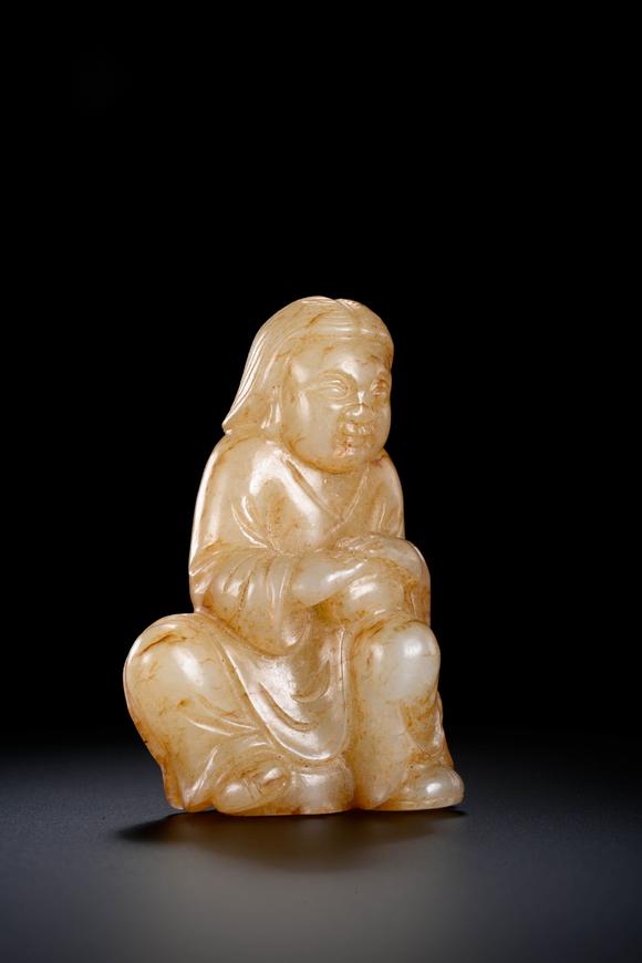 Cascade'sSitting Statue of White Jade and Qin Color Figures in Ming Dynasty | 明 白玉沁色人物坐像