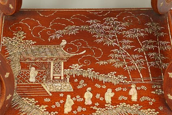 京都祇園會拍賣明代 朱漆嵌螺鈿人物香幾 日本桐箱附