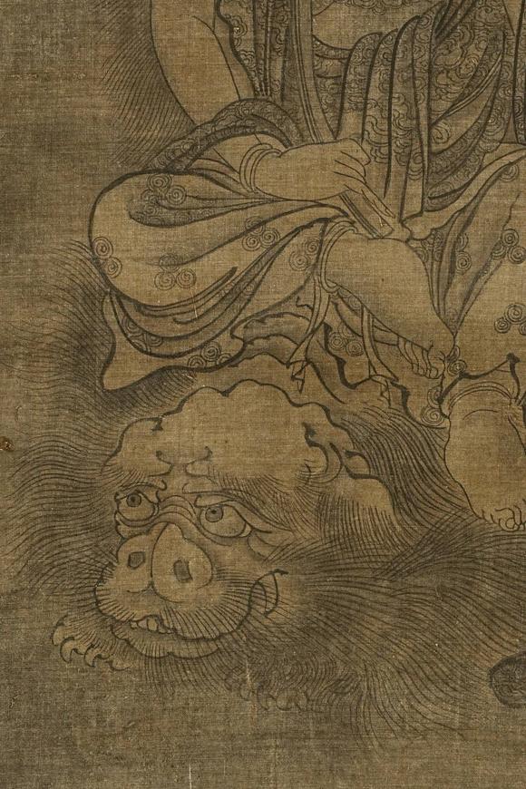京都祇園會拍賣元代 華嚴三圣圖三幅 絹本掛軸 日本古裂裝裱 日本桐箱附