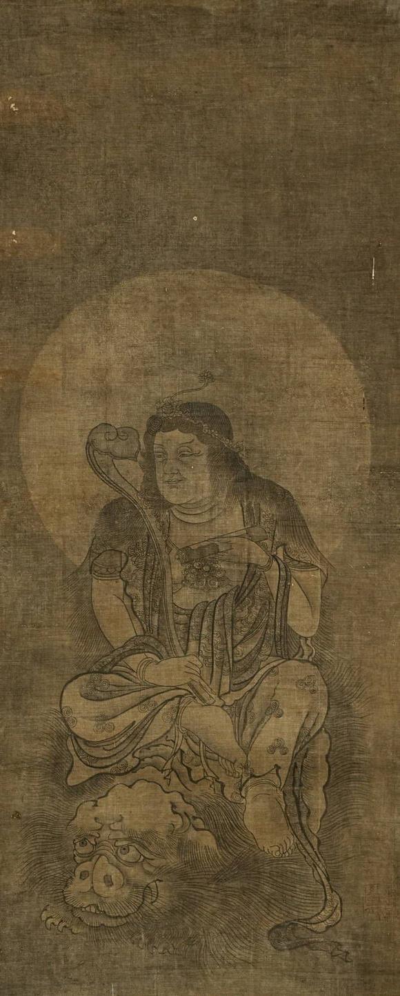 京都祇園會拍賣元代 華嚴三圣圖三幅 絹本掛軸 日本古裂裝裱 日本桐箱附
