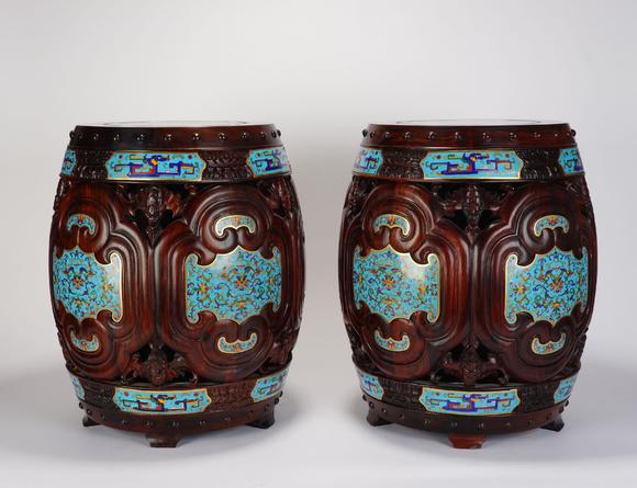 Eden Fine Antiques Galleries LLCA PAIR OF CHINESE ZITAN ENAMEL DRUM STOOLS
