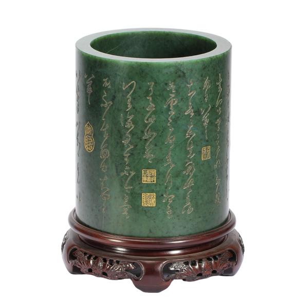 Eden Fine Antiques Galleries LLCA CHINESE SPINACH JADE POEM BRUSH POT